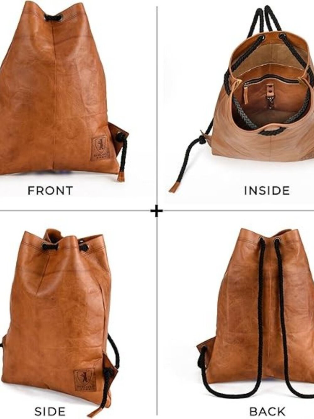 Berliner Men's Tan Genuine Goat Leather Drawstring Gym Backpack NEW - Picture 5 of 6